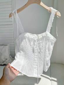 Comfortcana Summer White Lace Trim Square Neck Cinched Waist Single-Breasted Camisole - White - View 4