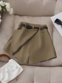SHEIN PETITE 法式简约纯色假口袋短裙短裤配腰带，舒适休闲女士短裤，夏季 - 摩卡棕 - 查看 1