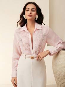 Anewsta 女士优雅铆钉蕾丝花卉装饰中长款翻领长袖衬衫 - 粉色 - 查看 5