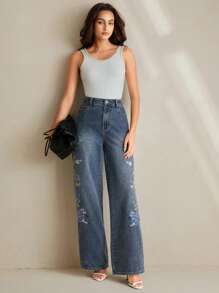 Anewsta Women Floral Embroidered Patch Pockets Straight Loose Casual Versatile Denim Jeans