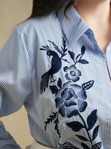 Anewsta Miland 时尚条纹刺绣休闲女式衬衫 - 藍色 - 查看 2