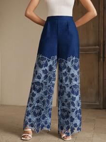 Anewsta Pantalones anchos de vacaciones con bordados y calados para mujer, primavera/verano - Azul - Ver 6
