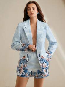 Anewsta Ensemble de vêtements pour femmes comprenant une veste imprimée florale élégante et décontractée avec des shorts assortis