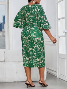 Fleurora 春夏优雅通勤办公室彩色针织圆领铅笔喇叭袖中长袖大码连衣裙女士夏装女士夏装女士夏装女士夏装大码夏装 - 綠色 - 查看 2