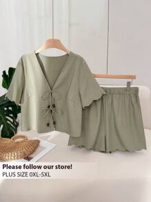 CosyJoli 加大码贝壳边系带袖衬衫和短裤套装，度假休闲女装两件套夏季 - 綠色 - 查看 1