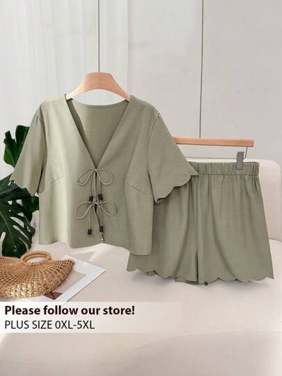 CosyJoli Conjunto de camisa con mangas de atar y shorts con apliques de concha, ropa casual de vacaciones de 2 piezas para mujer talla grande de verano