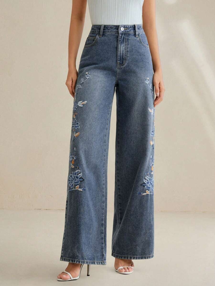 Anewsta Tall Women's Elegant Party & Vacation Straight-Leg Floral Embroidered Blue Denim Pants, Spring - Blue - View 1
