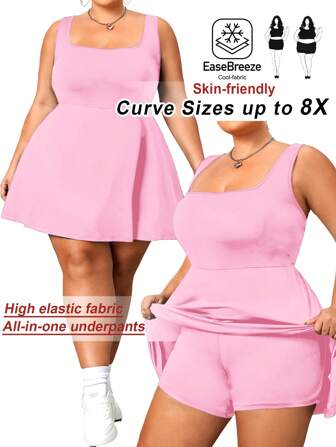 SHEIN CURVE+ 大码女式纯色方领运动休闲夏季紧身连衣裙、短裙、健身短裤、骑行短裤、女式背带裤、加大码、波西米亚风度假海滩装/沙滩裙/海滩度假装/海滩必备品/毕业/茶会礼服