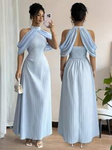 Elenzga Đầm dự tiệc thanh lịch, eo cao, chất liệu vải dệt kết cấu mới cho nữ, cổ yếm, chiffon, chắp vá, hở lưng - Màu xanh lam - Xem 3