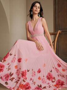 Anewsta French Lady-Like Floral Print V-Neck Sleeveless Pleated Maxi Dress - Pink - View 3