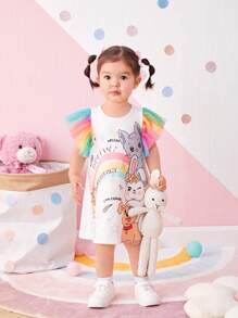 SHEIN Linda Vestido Casual Para Niña Con Patrón De Dibujos Animados Con Malla Multicolor Y Manga Corta, Adecuado Para Verano - Blanco - Ver 3