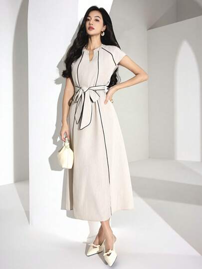 Heiryn 女式缺口领拼色插肩袖休闲日常中长连衣裙，韩版风格