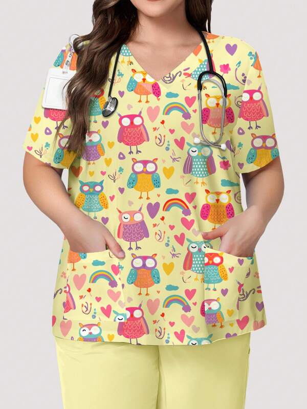 PopScrub Plus Size Summer Nursing Scrub Uniform Top, Women Casual Cute Owl, Rainbow, Heart Print Nurse Scrub Uniform Blouse