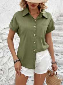 SHEIN LUNE 女款蝙蝠袖短袖襯衫 - 軍綠色 - 查看 6