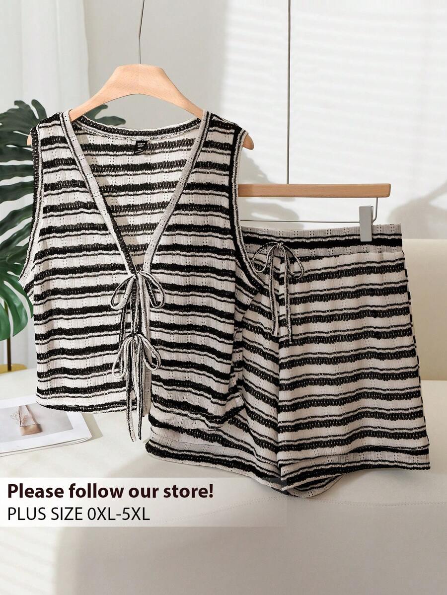 CosyJoli Plus Size Casual Minimal Striped Texture 2Pcs Set, Tank Top + Shorts, Suitable For Loungewear And Everyday Wear - Black and White - View 1