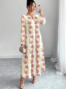 SHEIN Najma 粉色花卉印花优雅甜美女士阿拉伯连衣裙 - 彩色 - 查看 1