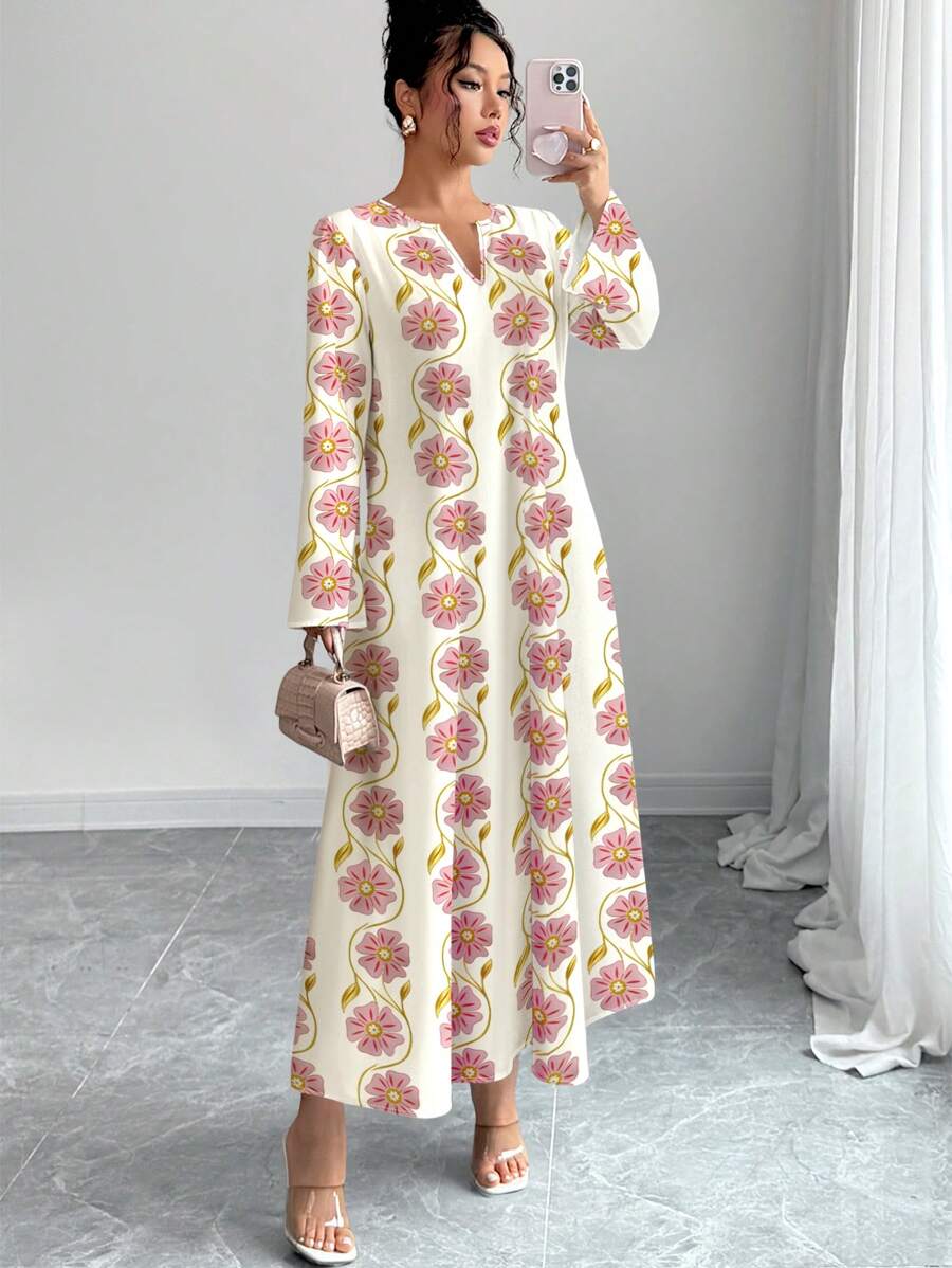 SHEIN Najma 粉色花卉印花优雅甜美女士阿拉伯连衣裙 - 彩色 - 查看 1