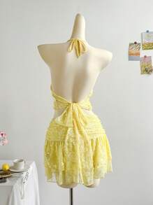 Soleia Bộ 2 món áo crop top hở lưng thắt nút màu vàng và chân váy mini cho nữ, thường ngày - Nhiều màu - Xem 2