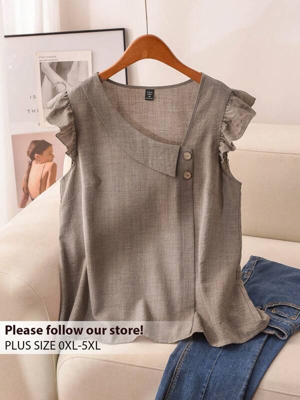 CosyJoli Blusa sin mangas de efecto vaquero con cuello asimétrico, para tallas grandes, de verano