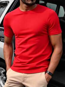 Manfinity Homme 男士休闲百搭纯色短袖T恤，夏季红色T恤男士红色T恤男士红色T恤男士红色T恤 - 紅色 - 查看 1