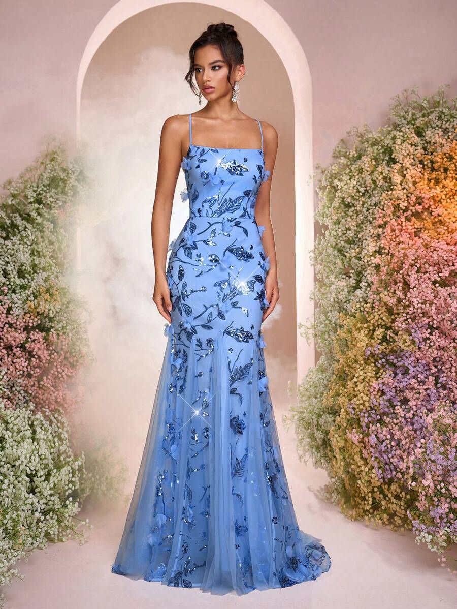 Glamrae 优雅浅蓝色亮片装饰 3D 花卉单肩 V 领透视网眼侧高开叉鱼尾长裙，可调节后系带，适合派对