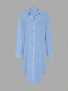 Omancia 褶皱长款纽扣落肩女式衬衫 - 淺藍色 - 查看 3