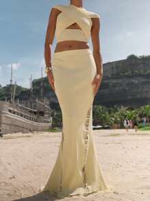 Opulessa Saia feminina elegante de patchwork em renda de cor sólida