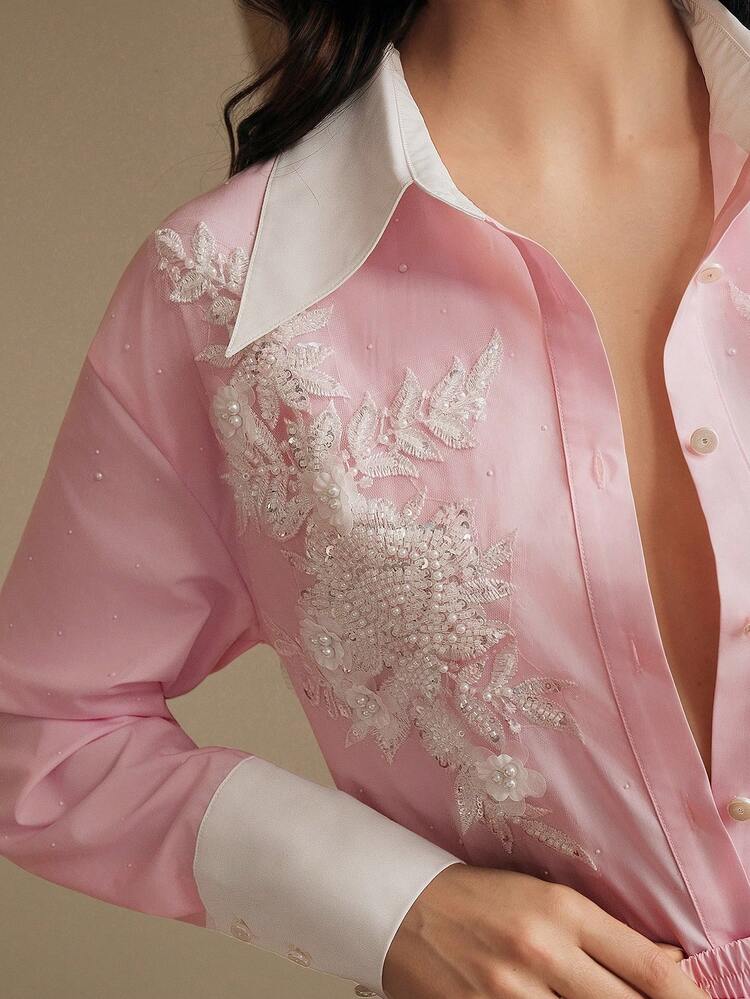 Women's Embroidered Front Button Long Sleeve Casual Blouse