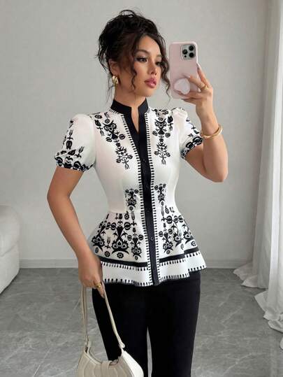 Elenzga Blusa de manga corta elegante con cuello en pico, absorbente y con estampado integral, para verano