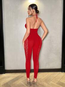 VaVaBold 1 bộ đồ liền thân hở lưng lưới họa tiết da báo màu trơn gợi cảm cho nữ nhân dịp năm mới - Đỏ - Xem 2
