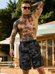 Manfinity Swimmode Men's Summer Holiday Casual Camo Print Drawstring Waist Side Pocket Beach Shorts Men Camo Shorts Men Streetwear Shorts