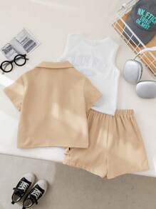 SHEIN 3pcs/Set Baby Boy/Girl Letter Print Soft Knit Collared Short Sleeve Cardigan And Solid Color Elastic Waist Shorts - Khaki - View 2