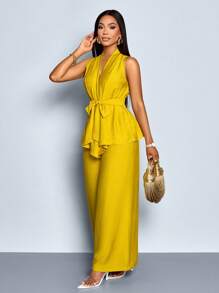 SOLERSUN Setelan Wanita 2pcs/Set Warna Polos Bahan Mirip Linen, Blus Tanpa Lengan Leher V dengan Sabuk dan Celana Panjang Lebar - Mustard Yellow - View 3