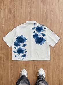 StoneGrade 中国风青花瓷花卉水彩图案男士休闲短袖满印花衬衫 - 白色 - 查看 5