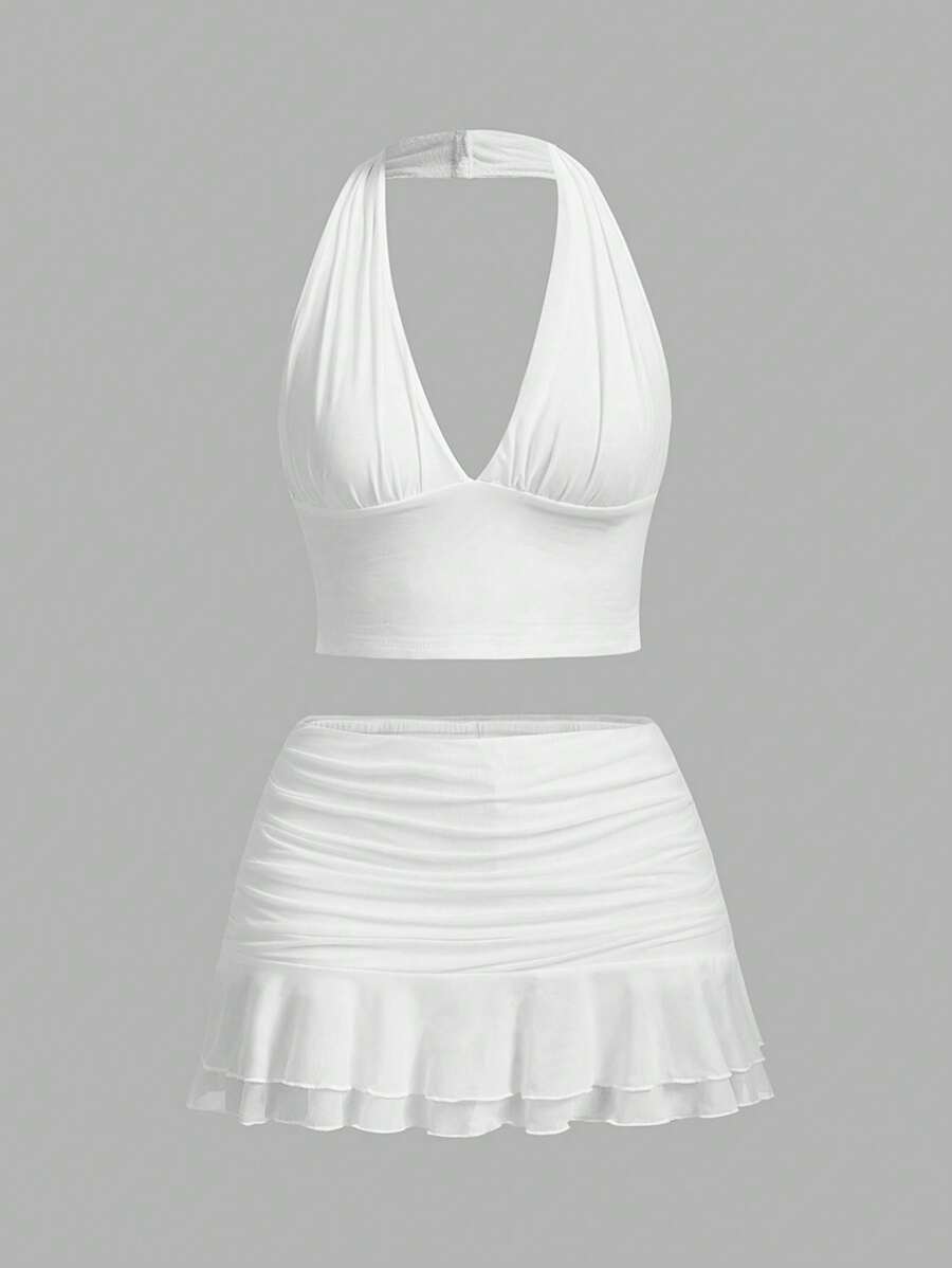 SHEIN ICON Neck Halter Top And Low-Waist Pleated Mesh Mini Skirt Set White - White - View 1