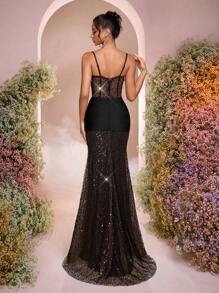Glamrae Elegant Black Shiny Beads Embroidery Mermaid Evening Gown, Sweetheart Neckline See-Through Double Straps Ruched Satin Dress For Wedding Banquet - Black - View 4