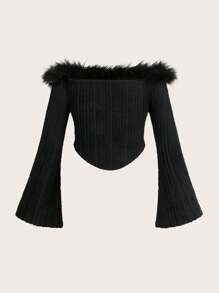 SHEIN ICON Plus Size Y2K Grunge Hippie Off Shoulder Fuzzy Trim Tee - Black - View 2