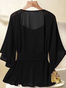 GlowEve Top holgada de cuello cuadrado con malla de contraste para mujer - Negro - Ver 2