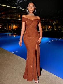 SOLERSUN Suitable For Christmas Party Vacation & Dating Elegant Burgundy Elegant Twisted Off Shoulder Backless Strap High Slit Mermaid Dress With Metallic Sheen Maxi Women Outfit - Rust Brown - View 6