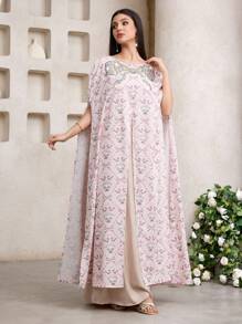 Al Najma Kaftan largo con estampado integral y decoración con rhinestones, vestido tradicional elegante turco y árabe para mujer