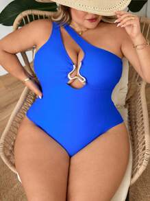 SHEIN CURVE+ 女式加大码金属装饰连体泳衣，蓝色