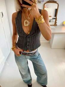 Siren Gaze Chic Grey Striped Sleeveless Top For Women,Summer Night Out Vest,Casual Formal Office Wear,Commuter High-Knowledge & Old Money Style Clothing - Grey - View 1