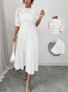 Rafferiza Elegant Luxurious Hollow Embroidered Patchwork Pleated Dress - White - View 3
