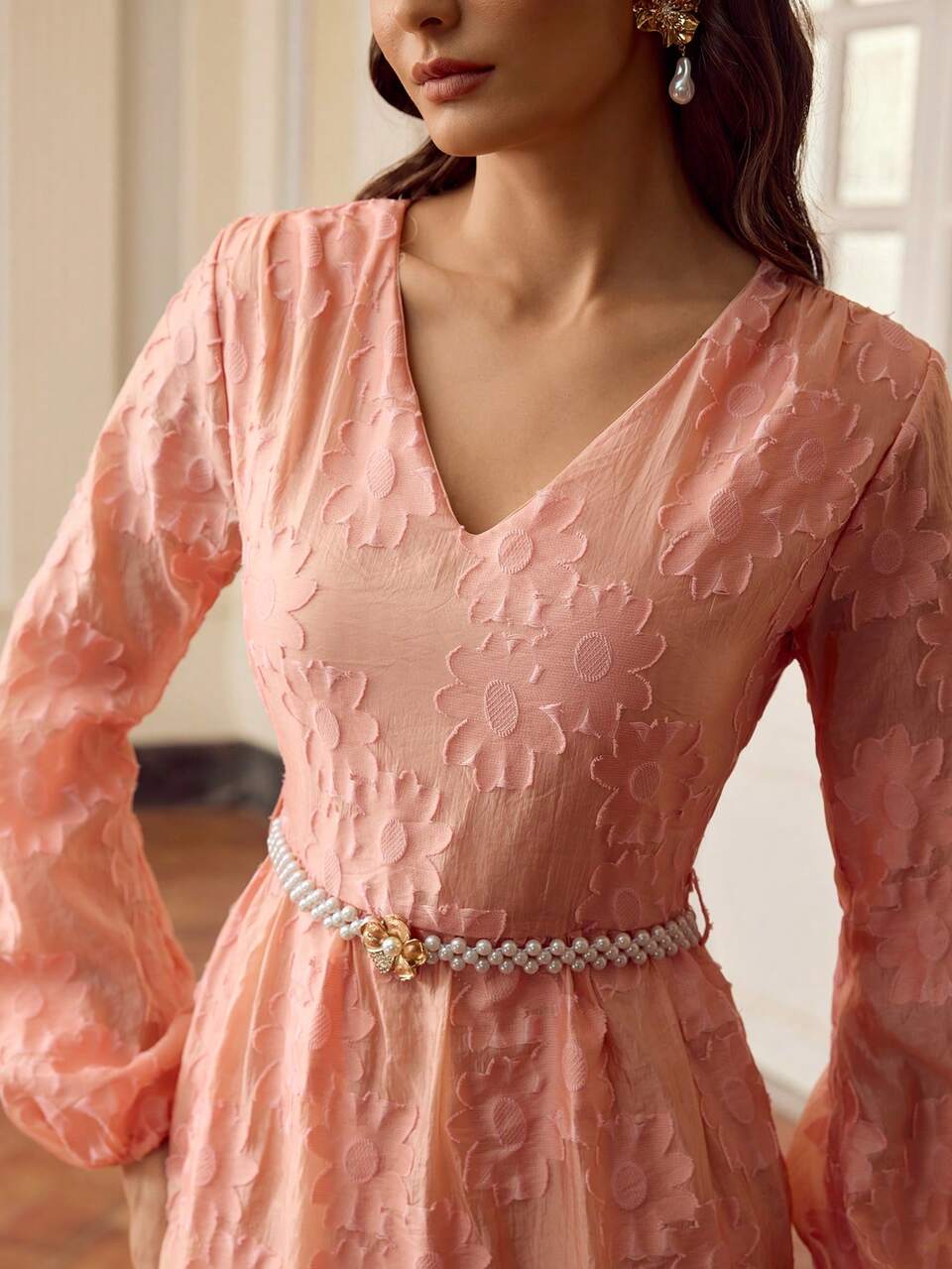 ZEYLAH Women's Floral Jacquard V-Neck Lantern Sleeve Ruffle Hem Dress, Elegant Fall Cloth For Women