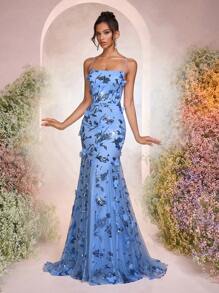Glamrae 优雅浅蓝色亮片装饰 3D 花卉单肩 V 领透视网眼侧高开叉鱼尾长裙，可调节后系带，适合派对