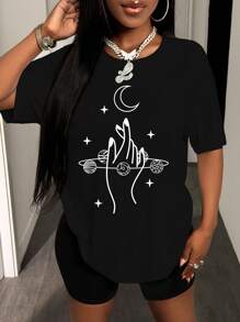 Zolique Printed Drop Shoulder T-Shirt Graphic Tees Women Tops - Black - View 1