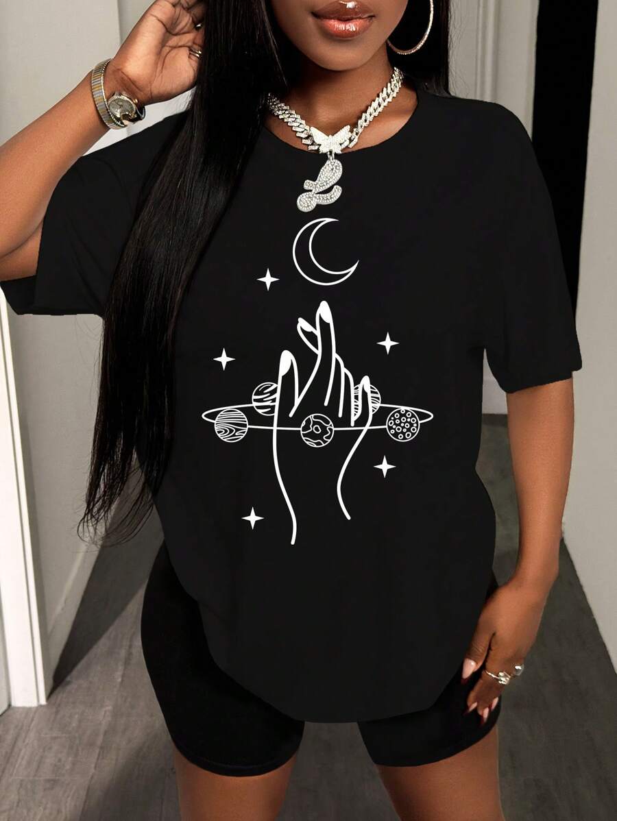 Zolique Printed Drop Shoulder T-Shirt Graphic Tees Women Tops - Black - View 1