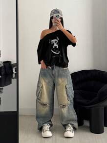 StreetHx Camiseta suelta con estampado de perro al hombro, estilo callejero punk, talla grande, color negro, ropa de calle para mujeres, camisetas gráficas para mujeres