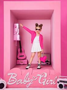 SHEIN Young Girl V-Neck Long Sleeve Cardigan With Heart Pattern,In Fall/Winter - Hot Pink - View 4