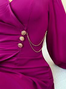 Feyla 女式纯色V领裹身长袖连衣裙 - 中紫紅色 - 查看 2